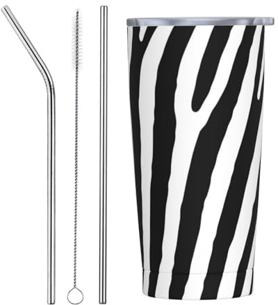 VOSERY Botella de agua de 20 onzas con tapa y popote, vaso aislado de cebra, vasos de acero inoxidable, taza de café de viaje, vaso personalizado