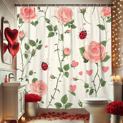 Rose Floral Shower Curtain, Blush Peach Green Ladybug Bathroom Decor for Valentine's Day, Romantic Modern Waterproof Fabric Shower Curtain Set for Spring Summer 72x78 Inch