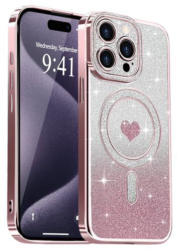 Lafunda compatibile con iPhone 15 Pro Max Cover Placcatura magnetica Bling Glitter Custodia Sequin Design Camera Protection Case Ragazze Fashion Luxury Cover per iPhone 15 Pro Max Rosa