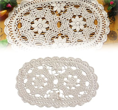Oriental riverkit Tischläufer Oval, Boho Spitzen Tischdeck, 30 x 100 cm | Geklöppelt Handgehäkelte Tischläufer, Beige, Vintage Baumwolle Mesh Häkelspitze Placemat für Tischdecke, Küche und Abendessen