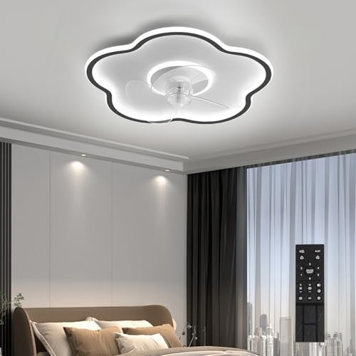 KRIPINC Ventilador de Techo con Luz LED y Mando a Distancia Forma de Flor | Silencioso, Reversible, Regulable, 3 Temperaturas de Color, 6 Velocidades de Viento, con Temporizador para Dormitorio, Negro