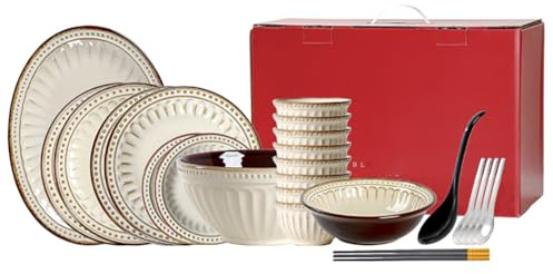 WOTZOV Service de Table en céramique gaufrée, Vaisselle Beige en grès au Look rétro, Service de Table 28 pièces pour 6 Personnes, Assiette Western créative, Assiette à Steak et ，D