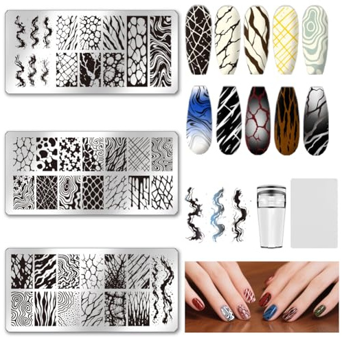 UNICRAFTALE 3 Teiliges Nagelstempelplatten Set Marmoriert Gestreifte Nagelkunst Vorlage Bild Nagelschablonen Nagelkunstplatten Mit Nagelschaber Für Frauen DIY Maniküre Salon Design