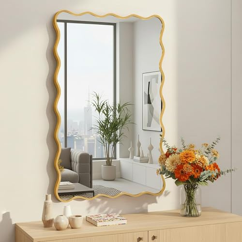 Fahomiss Wavy Rechteckiger/Quadratischer Wandspiegel mit gebürstetem Aluminiumrahmen & gehärtetem Sicherheitsglas für Badezimmer, Flur & Wohnzimmer