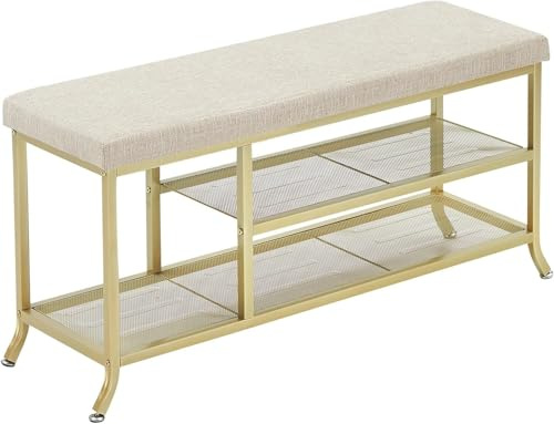 OPULENTHOME Goldenes Schuhregal, Schuhschrank mit Sitz, Schuhregalbank mit Metallrahmen für Flur, Schlafzimmer, Wohnzimmer (32 x 100 x 49 cm)