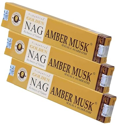 NKlaus Räucherstäbchen Amber Musk von Golden Nag, Meditation, 3 Stück | Würzig-warmer Duft mit Moschusnote; handgerolltes natürliches Masala-Räucherwerk aus Indien, 3 Packungen je 15 g