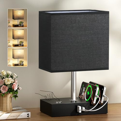 PreeOtti Black Bedside Lamp, Touch Lamp with USB Charging Station and Organizer(Bulb Included)