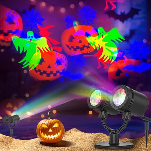 SZGIARUY Halloween Projektor Outdoor Außenbereich Wasserdicht Dynamisch mit Ieuchtenden Spinnen und Fledermäusen Doppelkopf Halloween Projektor Feiertage Dekoration für den Garten Wand Partys