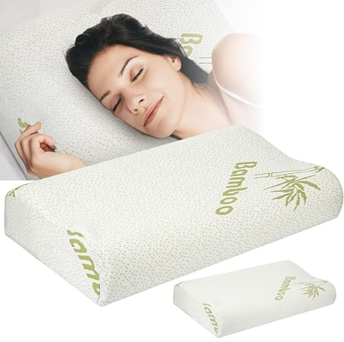 PRO VAL Set di 2 Cuscini Cervicale Memory Foam per Dormire Ortopedico Guanciale a Doppia Onda Ideale per Supporto al Collo Ergonomico Traspirante Antirussamento Anallergico Federa Bamboo Lavabile (2)