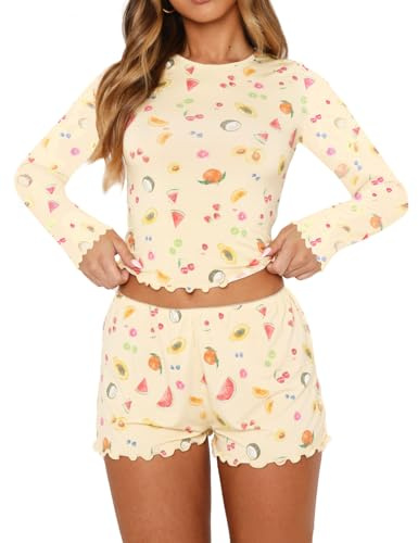 BONITEE Women Pyjamas Sets Long Sleeve Tops PJs Set Shorts Pajama Sleepwaer | Pajamas Set 2 Piece Sets Casual Long Sleeve Tops Lounge Outfit 2026 Fall PJ Shorts Cute Clothing Sets Nightwear