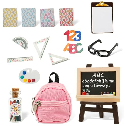 17Pcs/Set Mini School Supplies Dollhouse, Including Tiny Backpack, Mini, Pencil, Glasses, Stationery, Books Plastic Dollhouse Accessories Set | Laptop