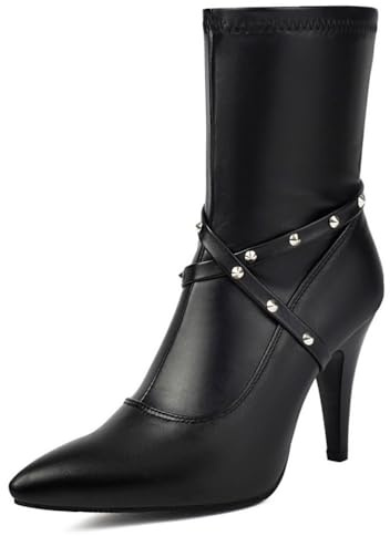 Stivaletti con Borchie A Punta Appuntita da Donna Tacco A Spillo Alto Stivaletti Corti Punk con Cerniera Laterale Décolleté per Vestito in Pelle PU,Nero,45 EU