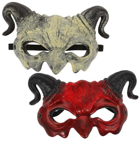 HONITANO Masque Diable à Corne Demi-visage Halloween Effrayant pour Carnaval Cosplay Unisexe Accessoire Costume Rouge et Blanc pour Fête Déguisée