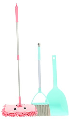 ULDIGI Cleaning Set Broom Dustpan Mop for Boys and Miniature Household Pretend Play Kit with Removable Handle Bright Mint Green and Pink Colors Indoor Outdoor Role Play