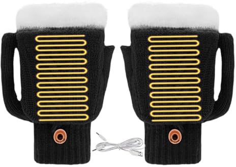 Fierudeng Gants chauffants sans doigts chauffants USB pour climat froid, ski, cyclisme, randonnée, extérieur, intérieur, bureau, maison