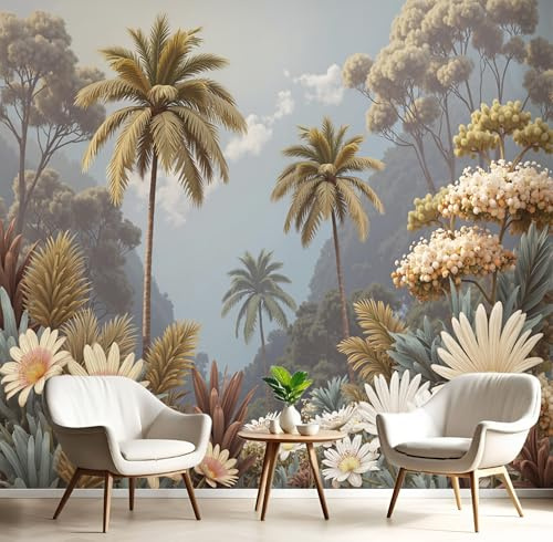 GSAEIMCT Beige Brown Misty Palm Trees Wallpaper Mural,Rainforest Illustrations Wall Murals 3D Art Hd Printing Photo Wallpaper for Bedroom Living Kids Room Decor Poster Picture Design,350X260Cm
