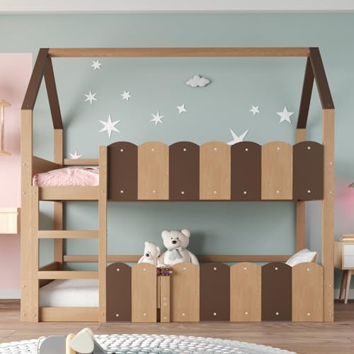 Sweiko Lit superposé pour Enfants, 90 × 200 cm, avec Un Cadre en Forme de Maison et des barrières de sécurité surélevées,Le lit supérieur Comprend Un sommier à Lattes (Natural Wood)