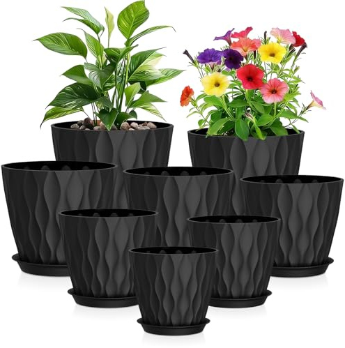 WSMKSZ 8er Set Blumentopf mit Untersetzer, 10 bis 20 cm Pflanztöpfe Innen | Kunststoff Blumentöpfe Set mit Mehrere Ablauflöcher, Moderne 3D-Wellenstruktur, Übertopf Außen für Balkongärten, Schwarz