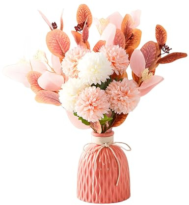 Fleurs Artificielles avec Vase en Céramique – Bouquet de Dahlia et Eucalyptus Rose pour la Décoration d'Intérieur, Salon, Chambre, Bureau | Décoration Maison Moderne Style Scandinave | Cadeau de Maria