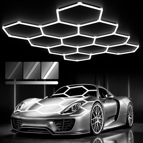 Glitgate Hexagon Garage Lights: 3 Level Dimmable 11 Hex Grid Light Shop Light 322W 35420LM, 6500K Daylight White Honeycomb Ceiling Lighting System, Super Bright Garage Lights LED for Workshop