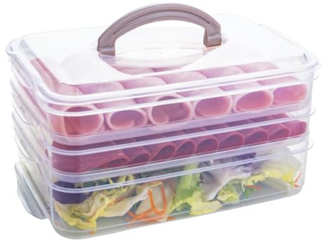 QILZO Porta Embutidos Transparente Apilable 1L+1L+1,5L con Asa | Fiambrera | Sin BPA | Apto para Lavavajillas y Congelador | 3 Compartimentos Apilables | Recipiente para Embutidos y Fiambres, Bento Box