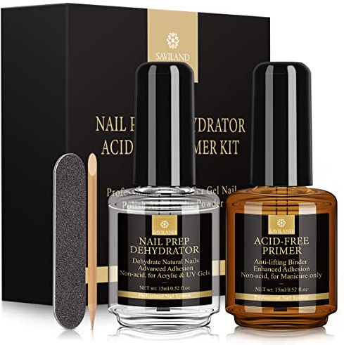 SAVILAND Deshidratador y Primer para Uñas: Juego de 2 piezas de 15 ml de preparación natural sin ácido, deshidratación rápida, con fijación superior no ácida para esmaltes en gel y polvo acrílico