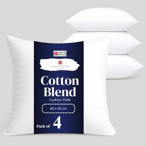 Lancashire Textiles 4 Pack Luxury 18 x 18 Cotton Blend Cushion Pads with Super Bounce Polyester Fibre, Made of Finest British Materials (Pack of 4, 18 x 18 - 45 x 45cm)