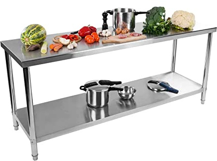 Royal Catering RCAT-200/60-NW Tavolo da Lavoro Piano di Lavoro per Cucina (200 x 60 cm, Carico max. 250kg, Piedini regolabili, Acciaio inox)