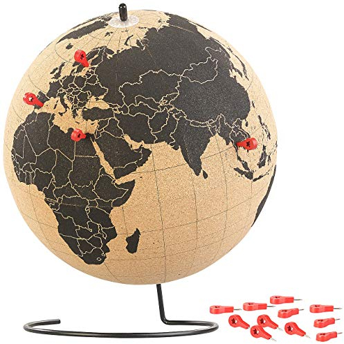 infactory Weltkugel Kork: Drehbarer XL Kork-Globus mit 15 Pins zum Markieren, Ø 25 cm (Globus Deko, Miniatur, Plane)