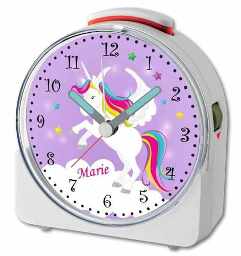 CreaDesign, WU-71-1034-05, Einhorn Lila, analog Kinderwecker weiß, Funkwecker mit Sweep-Uhrwerk und fluoreszierenden Zeiger und Licht, personlisiert mit Namen, 10,2 x 4,6 x 11 cm