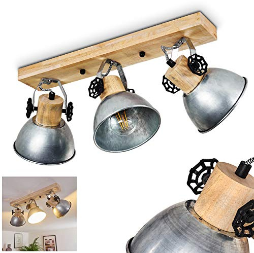 HOFSTEIN Deckenleuchte Orny, verstellbare Deckenlampe aus Metall/Holz in Zink-/Naturfarben, moderne Leuchte im Industrial/Retro/Vintage-Design, 3 x E27, Wohnzimmer, Esszimmer, Schlafzimmer, Küche