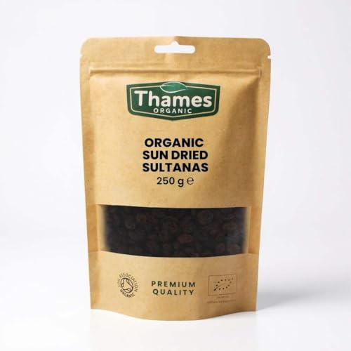 Organic Sun-Dried Sultanas - 100% Natural, No Additives or Preservatives - Vegan, GMO-Free, Certified Organic - Sweet, Juicy and Nutritious Snack - Perfect for Baking and Cooking - Thames Organic 250g