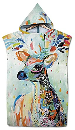 FANSU Surf Poncho Umziehhilfe Handtuch, Mikrofaser Badeponcho Strand Bademantel Badetuch für Erwachsene Damen und Herren Strandtuch Handtuch mit Kapuzen (75x110cm,Blume Hirsch)