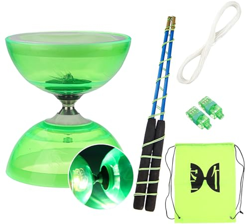 Diabolo Freiläufer mit kugellager Dreifache Lagerung Set, 4 Farben Blinkendes Dreifachlager-Diabolo mit Ersatzseil 10m, Profi-Stange, Netzbeutel