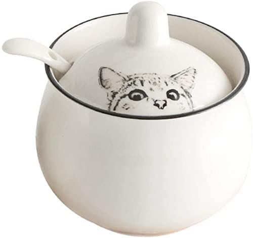 Sucrier en céramique avec couvercle et cuillère Motif chat Blanc