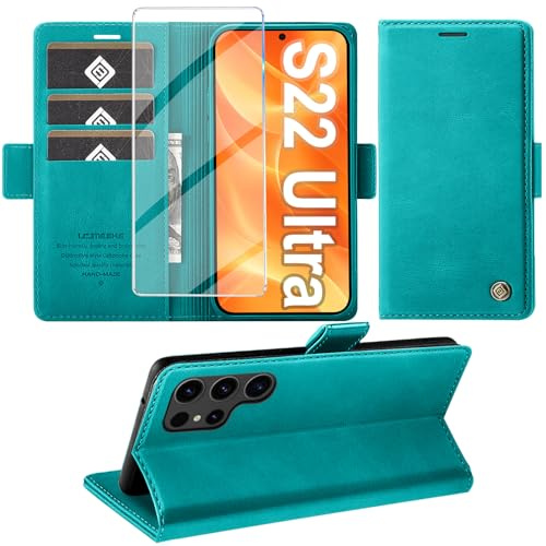 Giyer Handyhülle für Samsung Galaxy S22 Ultra 5G Hülle mit Schutzfolie, Standfunktion Kartenfach Wallet Premium Leder Schutzhülle S22 Ultra Flip Case Cover Stoßfeste Klapphülle 6,8 Zoll