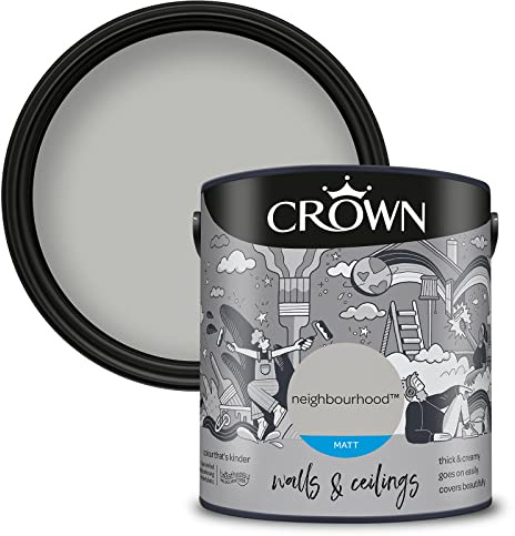 Crown WALLS & CEILINGS Mid Grey Matt Emulsion Paint 2.5L | Rich velvety matt in Neighbourhood. Covers beautifully. Ideal for bedrooms & living rooms. Low VOC, low odour, vegan