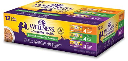 Wellness Complete Health Pate Variety Pack Adult Canned Wet Cat Food, Natural, Protein Rich, Grain Free, Chicken and Turkey Favorites, 5.5 oz, Pack of 12 Cans