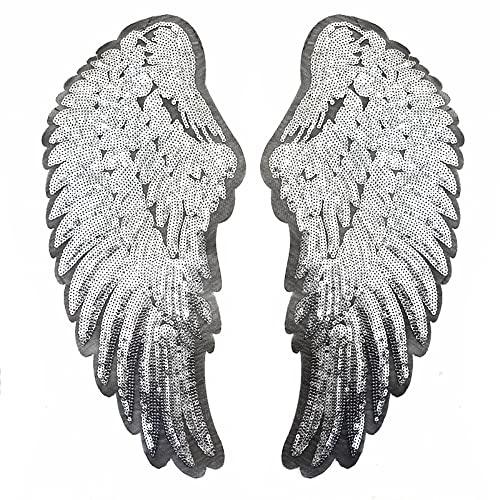 Wambere 1 Paar Pailletten Aufnäher Bügelbild,Aufnäher Bügelbild Aufbügler Bügeleisen auf Patches Applikation Engel Flügel Muster für DIY Basteln Kleider Jeans Pullover Weihnachtsschmuck,Silber