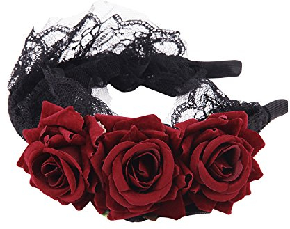 Gothic Rose Blumenkrone Haarband Stirnbänder mit Schleier Haarschmuck Haarreif Floral Headwear Festival Schädel Tag Der Toten Kostüm Kopfbedeckung für Hochzeit Fasching Karneval Cosplay Halloween
