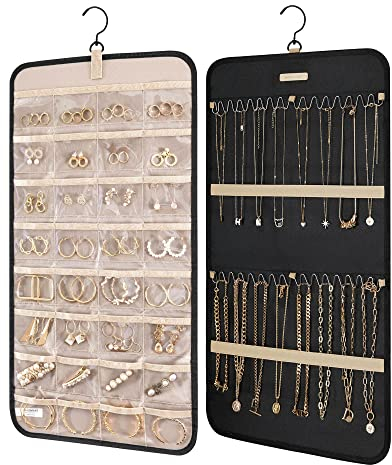 bagsmart Schmuck-Organizer zum Aufhängen, Aufbewahrungsrolle mit Aufhänger, Metallhaken, Doppelseitiger Schmuckhalter für Ohrringe, Halsketten, Ringe an Schrank, Wand, Tür, 1 Stück, Medium, Schwarz
