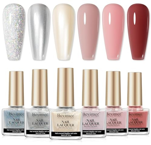 Bevimee Quick Dry Regular Nail Polish Set, 6 Colors Silver Glitter Metallic Pearl Nail Polish & Nude Pink Red Jelly Nail Lacquer Polish Varnish Manicure Gift for Women 8ML