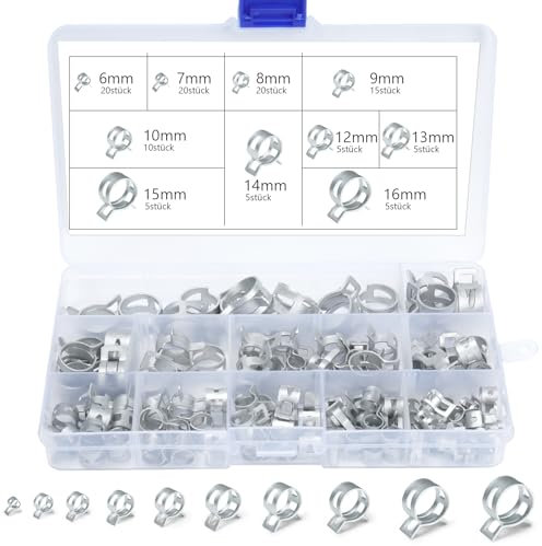 REJOECE 110 Pezzi Fascette Stringitubo a Molla, 6/7/8/9/10/12/13/14/15/16 mm Clip per Tubo Flessibile per Carburante, Morsetto a Molla, Morsetti per Tubi Flessibili per Tubo Di Vuoto(argentato)