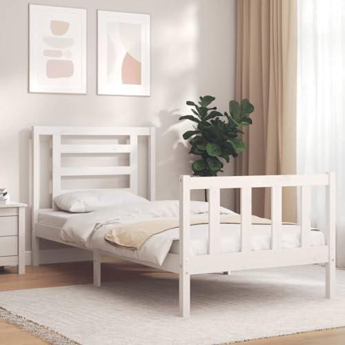 Buzaza Giroletto con Testiera Bianco Single in Legno Massello-Letto - Struttura Letto- Struttura Letto a Piattaforma in bambù sostenibile con testiera