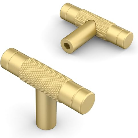 Amerdeco 10 Pack 2 Inch Brushed Gold Aluminum Alloy T Bar Cabinet Knobs and Pulls for Bathroom Cabinets