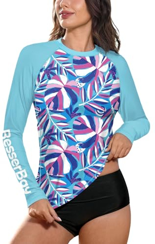 BesserBay Maglietta da donna per il surf con protezione solare UPF 50+, a maniche lunghe, con scollo tondo, Rash Guard, S-XXL, S