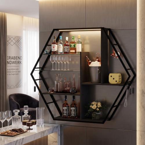 YOURLITE Weinregal Wand,Bar Regal Wand Metall mit LED,Wandmontage Schwarz | Weinpareite Display Rack,Verstellbarer Glasablage,8 S-förmigen Haken,für Spielzimmer, Wohnzimmer, Küche,Sechseckig