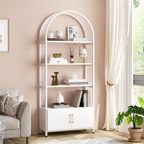 OPULENTHOME Bücherregal mit Türen, Bücherregal Weiß, 4-stöckiges Offenes Regal mit Verstellbaren Fußpolstern für Wohnzimmer, Schlafzimmer, Büro 181x80x28cm