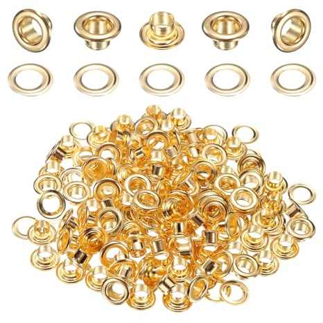 QUARKZMAN Kit d'œillets en Laiton avec Rondelles 4mmID Doré 100Ensemble | Oeillets pour Tissu Rideau Bâche Ceinture Cuir Chaussure Sac DIY