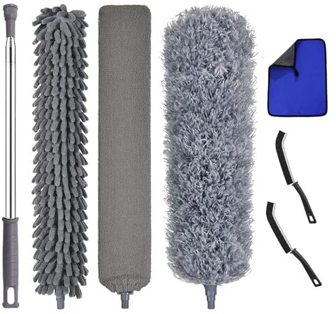 Feather Duster 7Pcs Dusters For Cleaning Extendable Pole Up to 100'', Long Handle Duster Bendable Dusters for Ceiling Chandelier Furniture, with Crevice Cleaning Brush, Microfiber Cloths